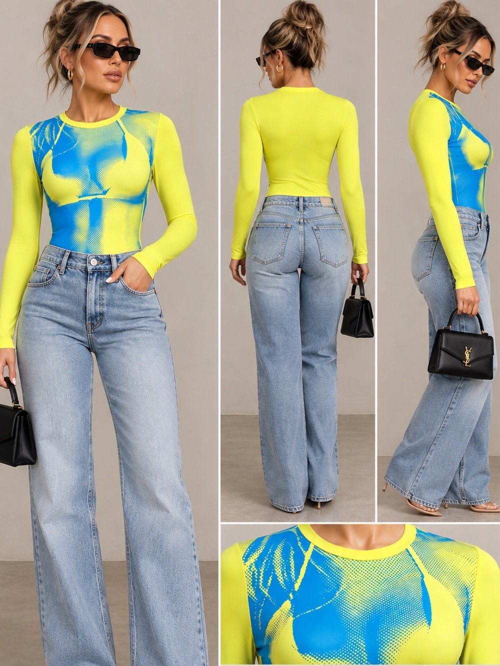 Neon Yellow & Blue Long-Sleeve Mesh Top